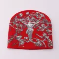 Red Y2K knitted beanie featuring intricate artistic human figure graphic pattern for streetwear. - One Size / Red