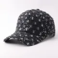 Gorra de beisbol de mezclilla desgastada con pedreria brillante, negro vintage, visera curva. - Ajustable / Lentejuelas Desgastadas - Negro