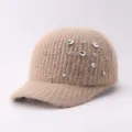 Casquette de baseball chaude en tricot avec strass elegante et doublure hiver. - Réglable / Strass Rond / Kaki