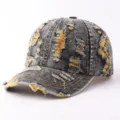 Casquette de baseball en jean délavé vintage trouée chapeau de soleil streetwear mode - Réglable / Noir Jaune Rétro