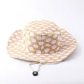 Detail view of the outdoor sun hat with woven pattern and chin strap for men and women. - Wide Brim With Rope / White Khaki Plaid