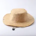 Woven sun hat for outdoor travel, wide brim bucket hat with wind cord and metal eyelets. - Wide Brim With Rope / Maze Grid Beige