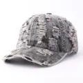 Distressed denim baseball cap detail, colorful frayed threads, retro style hat close up. - Adjustable / Vintage Black
