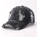 Black distressed denim baseball cap with frayed details, vintage curved brim casual hat. - Adjustable / Plain Ripped Denim - Black