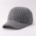 Grey cable knit baseball cap detail, soft warm winter hat with ribbed brim texture close up. - Adjustable / Argyle Pattern - Gray