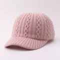 Pink knit baseball cap with cable texture. Soft warm winter hat for women, casual duckbill style daily wear. - Adjustable / Argyle Pattern - Pink