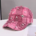 Pink fringe rhinestone baseball cap with metal star, stylish tweed wide brim hat for women. - One Size / Pink