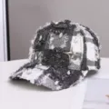 Tweed fringed baseball cap with rhinestones and metal star for women, chic black and white. - One Size / White