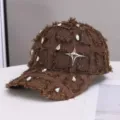 Brown distressed rhinestone baseball cap with metal star Y2K gothic streetwear hat - One Size / Coffee