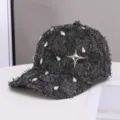 Black frayed denim baseball hat with sparkling rhinestones and a striking silver star design. - One Size / Gray