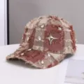 Distressed plaid baseball cap with rhinestones and metal star for women, trendy Y2K hat. - One Size / Khaki