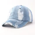 Light blue distressed denim baseball cap with frayed ripped details and curved brim style. - Adjustable / Plain Ripped Denim - Light Blue