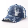 Distressed denim baseball cap for women and men, vintage washed snapback hip hop hat. - Adjustable / Plain Ripped Denim - Medium Blue