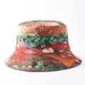 Primer plano detallado del sombrero de pescador con estampado de hamburguesa casual. - Talla única / Hamburguesa de res