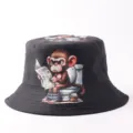 Sombrero de pescador negro con divertido estampado de mono para protección solar. - Talla única / Mono de Inodoro