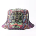 Detalle del sombrero de pescador con estampado psicodélico de gato, tela suave para protección solar. - Talla única / Agujero de Árbol Mágico