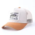Gorra de béisbol trucker de malla con ala en contraste, parche de pesca vintage, transpirable. - Ajustable / Gorra Malla Parche Pez / Beige Marrón