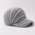 Grey furry baseball cap with sparkling rhinestones and pearl embellishments for women. - Adjustable / Full Top Style / Gray