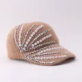 Detailed close-up view of the knitted baseball cap featuring sparkling pearls and rhinestones design. - Adjustable / Empty Top Style / Khaki