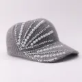Grey knitted baseball cap decorated with pearls and rhinestones, stylish winter warm hat. - Adjustable / Empty Top Style / Gray