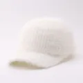 Gorra de béisbol de punto suave blanca invierno cálido peluda sombrero casual elegante - Ajustable / Punto Acanalado Blanco