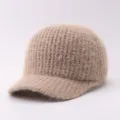 Cómoda gorra de béisbol de punto de felpa de invierno, gorro cálido y esponjoso con visera curvada. - Ajustable / Punto Acanalado Caqui Oscuro
