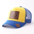 Gorra trucker azul amarilla con parche de cuero bandera americana pez transpirable - Ajustable / Estilo Parche Cuero Pez (BQ657) / Amarillo y Azul Real