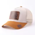 Gorra de camionero de malla marrón con parche de cuero, gorra de béisbol transpirable. - Ajustable / Estilo Parche Cuero Camión (BQ657) / Beige Marrón