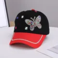 Gorra de béisbol de mariposa de estrás para mujer, negro rojo patchwork casual gorro de sol. - Ajustable / Mariposa Colorida / Negro Rojo Patchwork