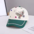 Gorra de Béisbol con Strass Mariposa Patchwork Mujer Casual Elegante Sombrero Sol - Ajustable / Mariposa Colorida / Beige y Verde