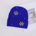 Gorro de punto azul de invierno para mujer con flores de diamantes, gorro casual cálido - Strass de Colores Flor de Seis Pétalos / Azul Zafiro