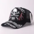 Fashionable black mesh baseball cap featuring embroidered skull and retro streetwear design. - Adjustable / Large Skull & Letters - Black