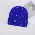Gorro de punto perla estrás azul invierno cálido elegante sombrero cristales detalle - Estilo de Perla y Diamante Cuadrado / Azul Zafiro