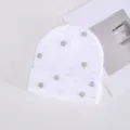 Gorro de punto blanco para mujer, gorro de invierno cálido decorado con perlas y pedrería brillante - Estilo de Perla y Diamante Cuadrado / Blanco