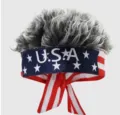 Cinta de pelo con peluca de bandera USA visera patriótica para fiesta de deportes - Ajustable / Rayas USA (Peluca Gris)