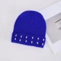 Gorro de Punto Azul Real para Mujer con Strass Invierno Cálido con Vuelta Elegante - Strass Simple de Doble Fila / Azul Zafiro