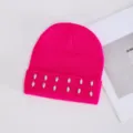 Gorro de punto rosa fucsia con pedrería, elegante gorro cálido de invierno para mujer. - Strass Simple de Doble Fila / Rosa rojo