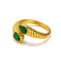 Macro detail of 18k gold plated ribbed snake ring featuring two pear-cut emerald green stones - Size 6 / Snake Style (HT-4598) / Gold Snake with Green Gem