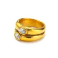 Detailed view of two stacked 18k gold plated stainless steel dome rings with clear crystals - Size 8 / Double Layer Style (HT-4598) / Double Layer White Zircon Gold