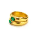Close-up detail of double-layered 18k gold plated stainless steel ring with green gems - Size 8 / Double Layer Style (HT-4598) / Double Layer Green Zircon Gold