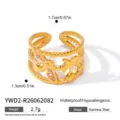 Close-up of 18k gold plated stainless steel starfish ring with size specifications - Starfish and Shell Design (YWD2-R26062082) / Gold (Pink Purple Zirconia)
