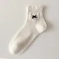 Cute cat embroidered women socks with retro lace cuff, soft cotton low cut design daily wear. - Women's 35-39 / Big Face Cat
