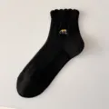 Cute embroidered cat black ruffle socks for women, vintage Korean style cotton low cut socks. - Women's 35-39 / Black Glasses Cat