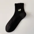Black women's cotton socks with cute dog embroidery and retro ruffled lace trim design. - Women's 35-39 / Cat in Green Clothes