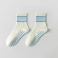 Calzini antiscivolo donna yoga pilates cotone bianco con pois blu e righe sportive - Riga larga blu