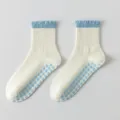 Calzini antiscivolo yoga donna, cotone stile balletto con pallini antiscivolo floreali. - Bordo in Pizzo Blu