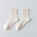 Calzini yoga donna pilates antiscivolo stile balletto beige righe rosa cotone variante - Tre strisce rosa