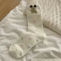 Cute 3D bear plush ear white cotton mid-calf socks with colorful bow pattern for women. - One Size / Cream White - Bow