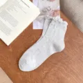 Grey women mid-tube socks with cute ruffle cuff and delicate bow pattern for spring summer. - One Size / Gray