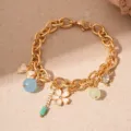 Gold charm bracelet with ocean style floral pendants and colorful bead tassels for women - Five-Petal Flower Rhinestone Tassel (7# White Flower)